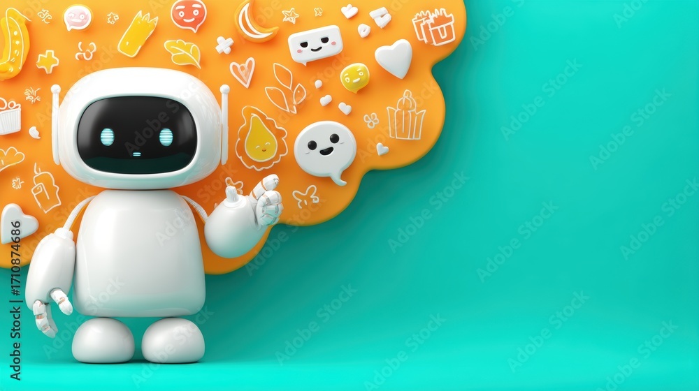 Poster a friendly robot stands against a vibrant turquoise background, surrounded by colorful icons represe