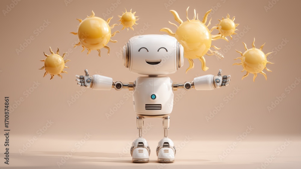 Poster a cheerful robot holding sun-like objects, symbolizing joy and positivity in a minimalist setting, c