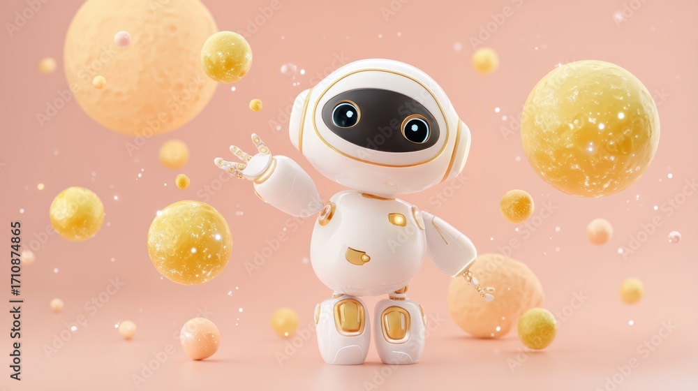 Poster a cute, futuristic robot with a friendly face interacts with colorful spheres against a soft pink ba