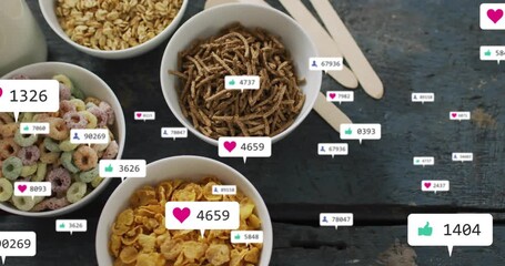 At start three cereal bowls receiving floating icons as metrics rising showing engagement growth - Powered by Adobe