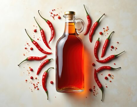 Red chili peppers surround glass bottle filled with amber liquid. Spices sprinkled around. Flavor ingredient for cooking, hot sauce preparation, spice oil blend. - Powered by Adobe