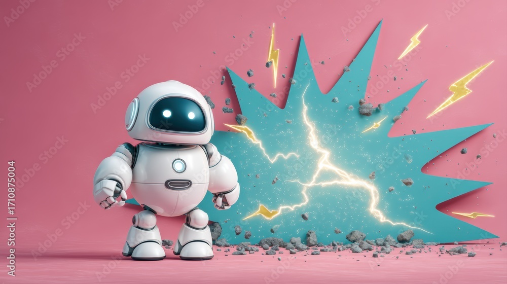 Poster a cute robot stands against a pink backdrop, amid a colorful explosion of debris and lightning, blen