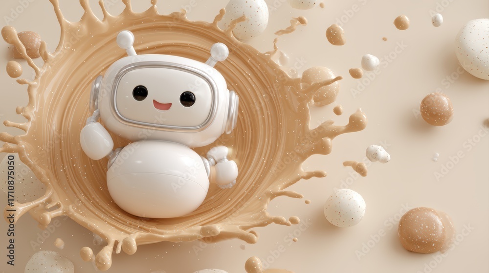 Poster a cute robot character sits in a splash of creamy liquid, surrounded by playful spheres, creating a 