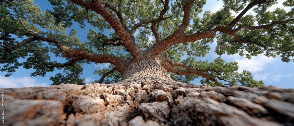 Poster experience a majestic tree with lush green leaves extending towards the canopy in a tranquil forest 