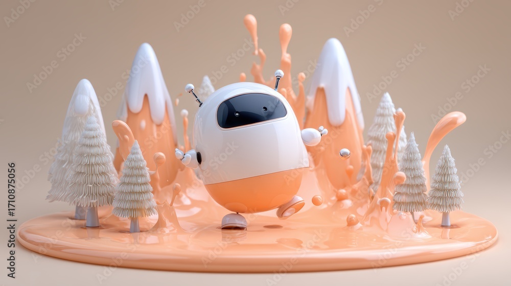Poster a playful robot stands amidst stylized trees and splashes of creamy orange, creating a whimsical, vi