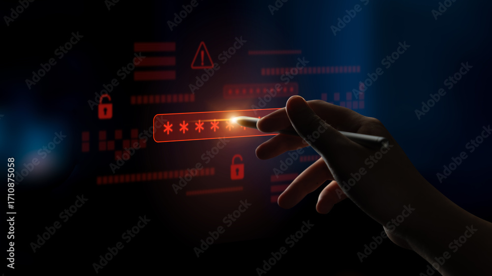 Poster password security breach warning with red asterisk box, cybersecurity alert, lock icons, and critica