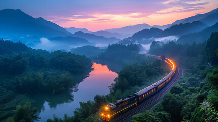 Freight train winds through misty mountain landscape at sunset, reflecting on serene river. vibrant sky and lush greenery create tranquil and picturesque scene
