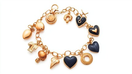 Elegant charm bracelet adorned with heart-shaped pendants and unique charms in a stylish golden design.