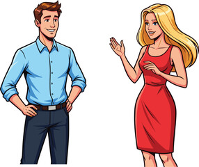 Cartoon man and woman talking, friendly conversation, casual standing pose, modern illustration, character design, people vector, communication, lifestyle, social interaction