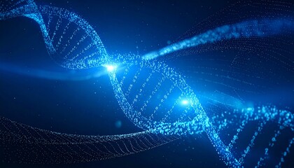 futuristic 3d illustration of dna strand visualized with binary code and light particles symbolizing bioinformatics and genetic data