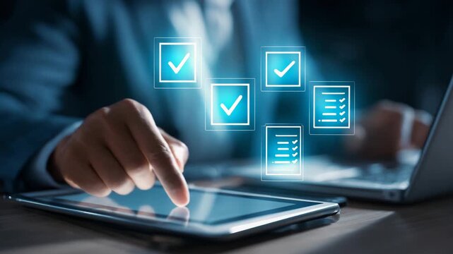 Person interacts with digital checklist on tablet while working in modern office setting, showcasing efficient task management and organization