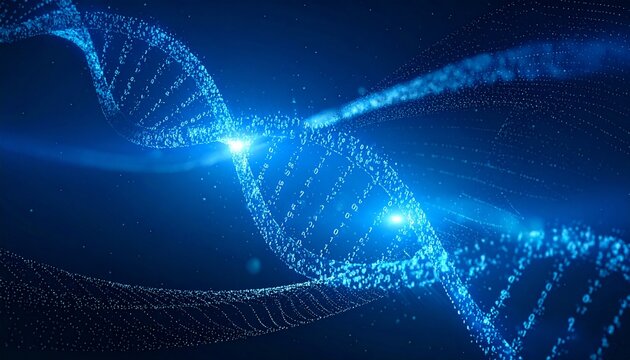 futuristic 3d illustration of dna strand visualized with binary code and light particles symbolizing bioinformatics and genetic data