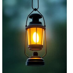 Lantern in the Darkness: An antique lantern glows warmly against a backdrop of blurred greenery, inviting contemplation and evoking feelings of nostalgia. 