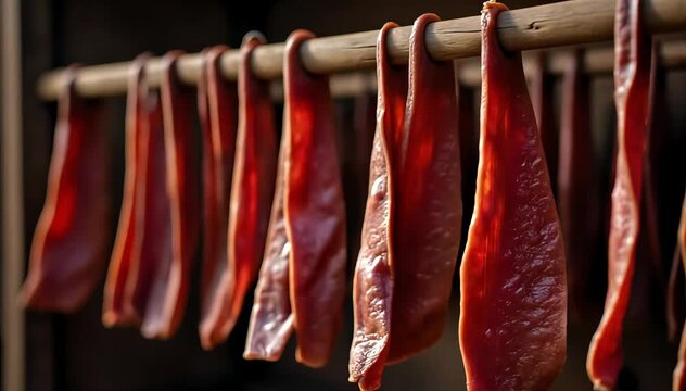 Thin strips of smoked beef jerky hanging on rustic wooden rack drying in cool air 