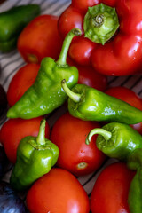 natural, top view, vitamin, marigold, contrast, sun, cucumbers, basket, harvested, red, growing, season, different, freshly, closeup, autumn, pepper, bright, yellow, vegetable, fresh, healthy, vegan, 