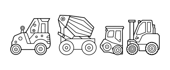 Construction vehicles line up in a playful illustration showcasing excavator, mixer, bulldozer, and loader designs