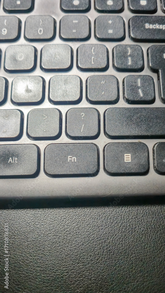 Poster close-up of a computer keyboard featuring various keys, including the fn key and the question mark k