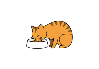 オレンジ猫の食事風景　シンプルイラスト　明るい色彩