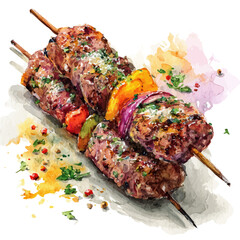Lamb Kebabs in watercolor style, vector illustration, isolated on white background.