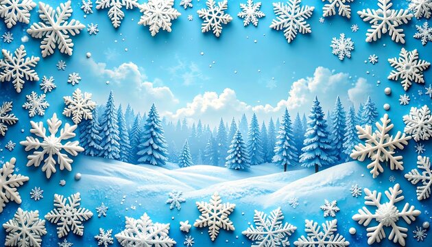 Winter wonderland scene with snowflake border