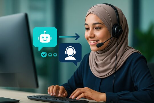Young woman in a hijab engaged in a customer service call, interacting with a chat bot icon on a computer screen