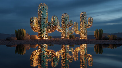 Modern 3D render of a cactus sculpture made of mirror tiles, glowing with LED lights in desert landscape. 3D cactus render, cactus LED lights, cactus sculpture art, desert neon ins