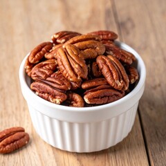 Obraz premium Shelled Pecans with Rich Flavor in Ceramic Bowl for Premium Snack Object and Healthy Organic Superfood Concept