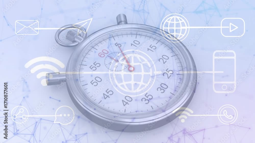 Poster opening close-up starting network lines, stopwatch ticking and icons pulsing signaling time passage