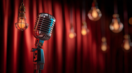 Retro style jazz club stage with classic microphone, warm lighting, red curtains, vintage atmosphere. jazz club stage, retro microphone, vintage music performance, red curtain jazz