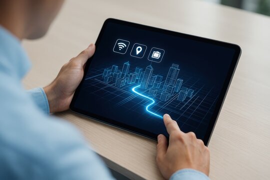 a person using a tablet displaying a city map and navigation route
