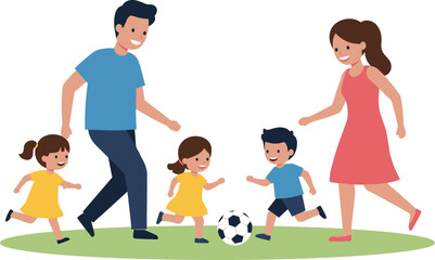 Cartoon family playing soccer outdoors, parents and kids having fun, active lifestyle, grassy field, teamwork, joyful bonding, colorful sports scene