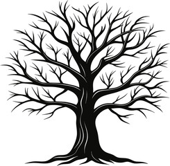 Detailed Black and White Illustration of Bare Tree Silhouette with Branches and Leaves