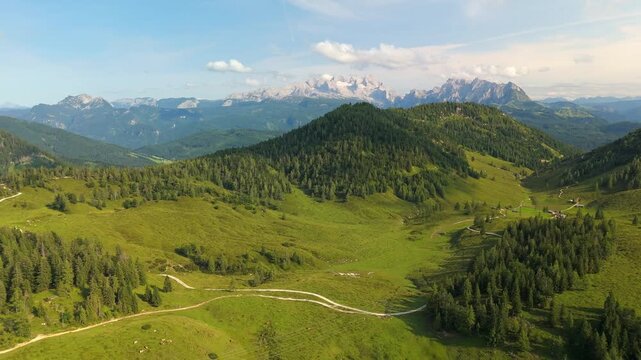 hills on the Postalm plateau with the Dachstein mountains, aerial view, Austria