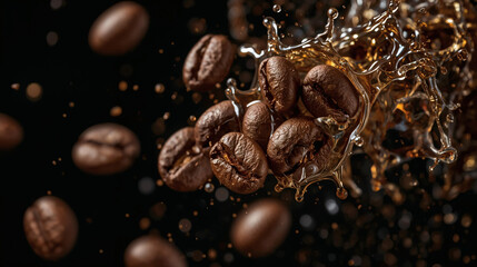 Obraz premium Flying Coffee Beans with Droplets