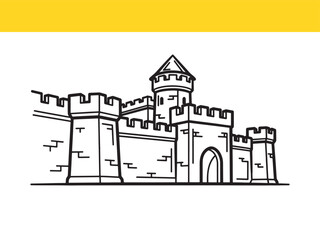 Line art illustration of a medieval castle fortress featuring towers walls and arched entrance for historical or fairytale themes vector design