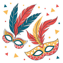 Obraz premium Illustration of two carnival masks with feathers, , creating a festive and celebratory atmosphere for a masquerade ball