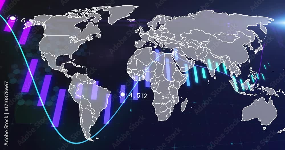 Aufkleber teal curve sweeping map spawning numeric nodes purple-cyan bar animations visualizing global data