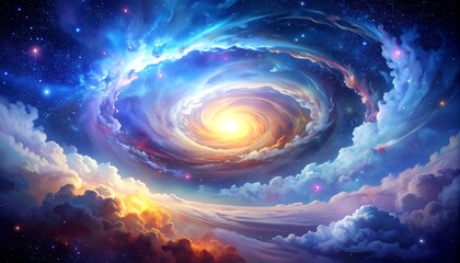 A vibrant cosmic swirl with a bright, luminous center and swirling clouds filled with stardust and glittering stars