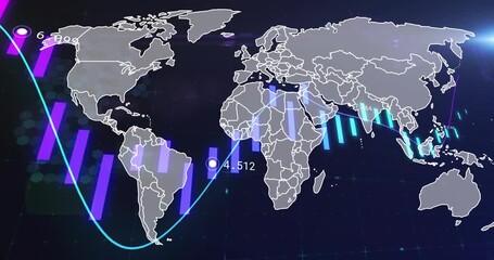 Teal curve sweeping map spawning numeric nodes purple-cyan bar animations visualizing global data - Powered by Adobe
