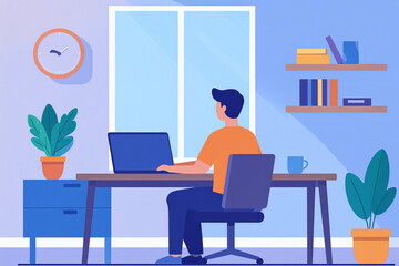 Remote Work from Home – Flat Style Illustration of a Person Working on a Laptop