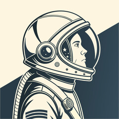 Vector art of a retro astronaut in a spacesuit and helmet with a visor looks into the distance against a background of light and dark vector illustration in vintage style © Stock