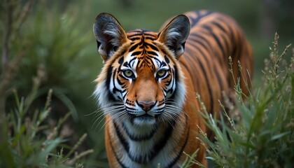 Obraz premium Close-up of tiger looking directly forward. Wild cat stands in green tall grass foliage. Majestic big predator animal. Orange fur, black stripes, white cheeks, whiskers. Hunter watches, eyes focused.