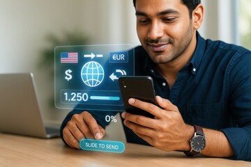 A man using smartphone for digital money transfer, with the screen showing world currency exchange