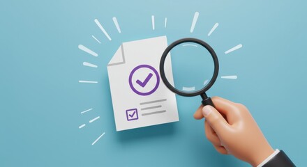 Document review and verification with a magnifying glass and checkmark, symbolizing quality control and accuracy