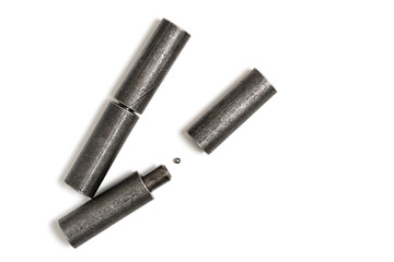 Pair of metal door hinges on white background. Closeup.