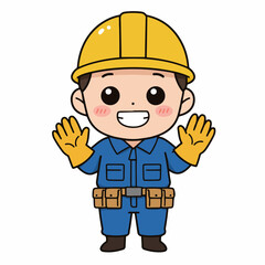 A cute cartoon illustration of a construction worker wearing a yellow hard hat and blue overalls, with yellow gloves on both hands.