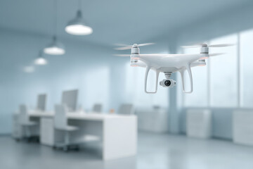 futuristic drones and robots seamlessly integrated into modern office environment