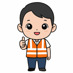 Obraz premium A cartoon illustration of a young man wearing a safety vest and giving a thumbs-up gesture.