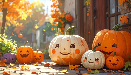 Cute, happy pumpkins brighten a fall porch scene, showcasing autumnal colors and a cheerful mood.