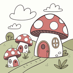 Vector art of charming mushroom houses nestled in a whimsical landscape with rolling hills and fluffy clouds a delightful and enchanting scene